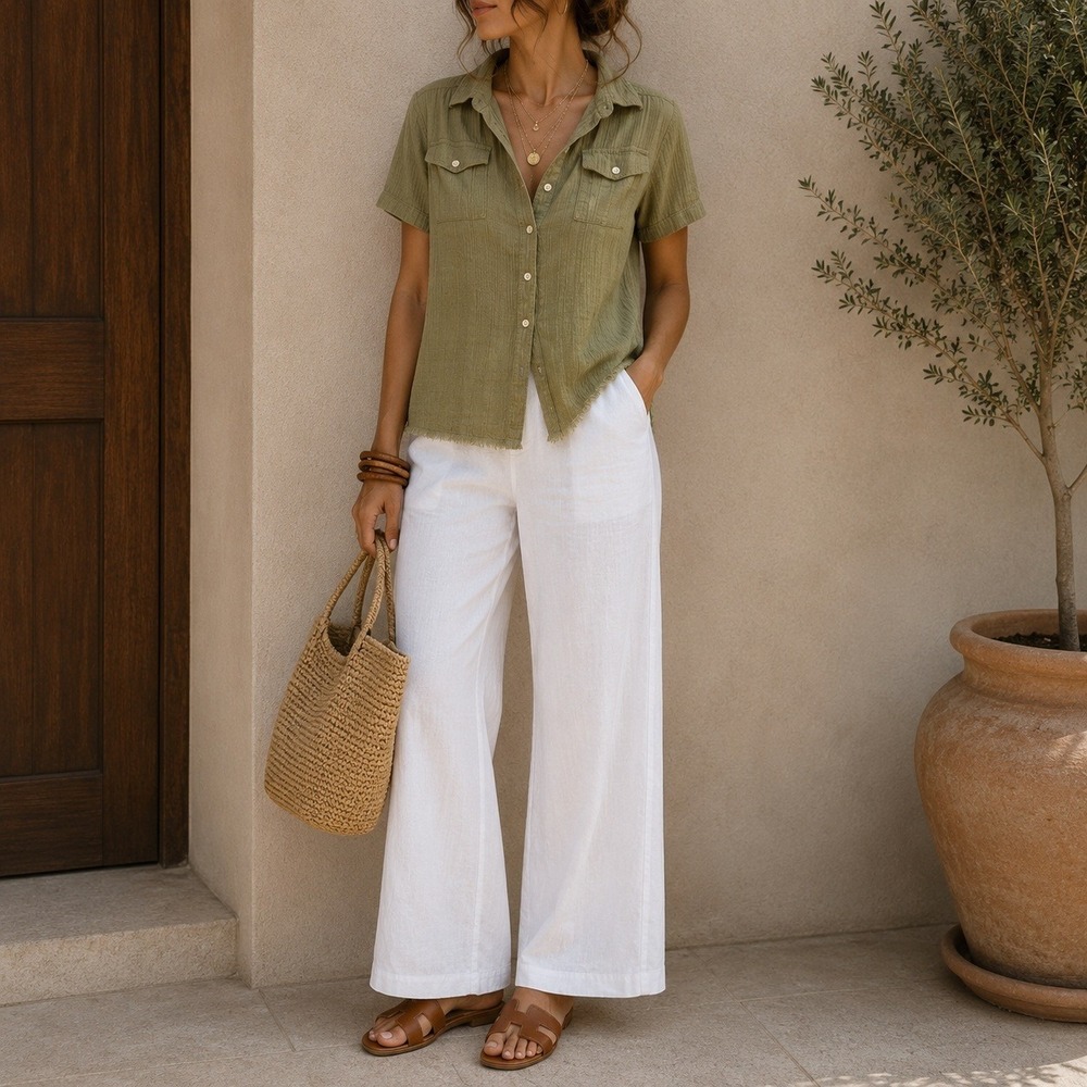 Sundance Green Button Down Shirt XS Short Sleeve Cotton Frayed Hem Boho Rustic